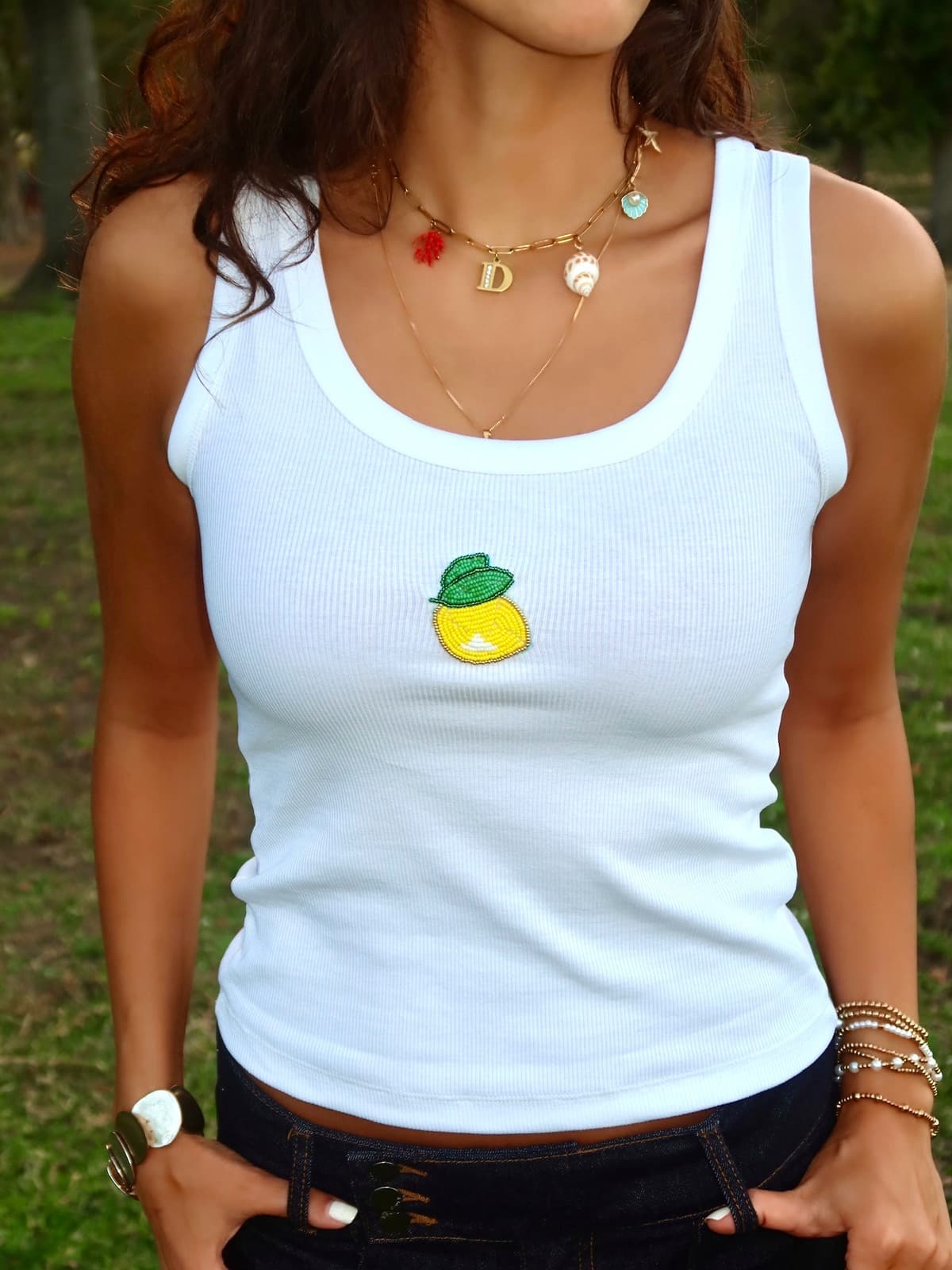 Beaded Lemon Tank, worn