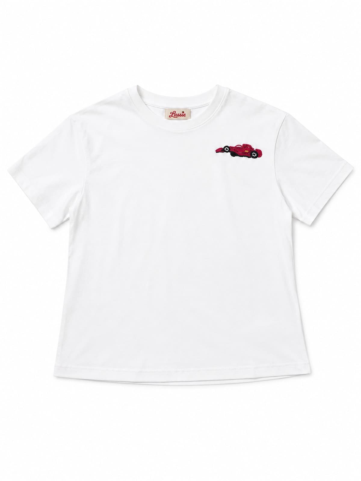 White tee hand-beaded with a red racecar — a first look at the forthcoming menswear line