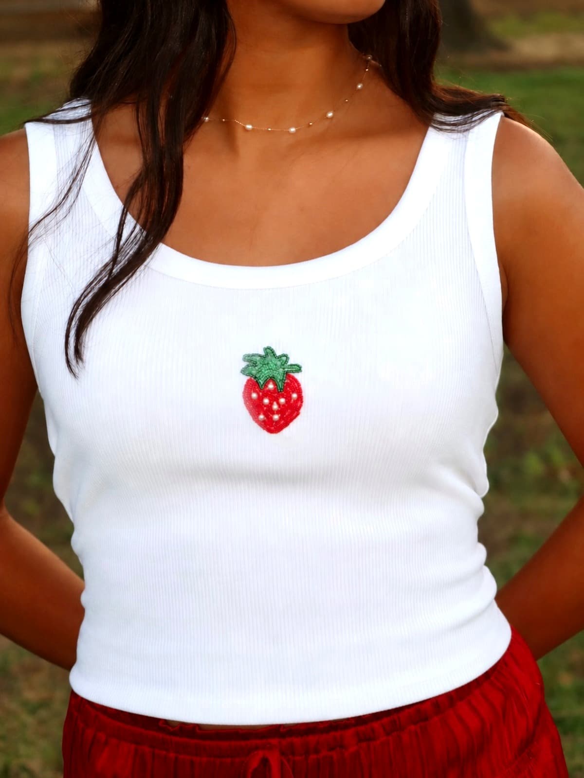 Beaded Strawberry Tank, worn